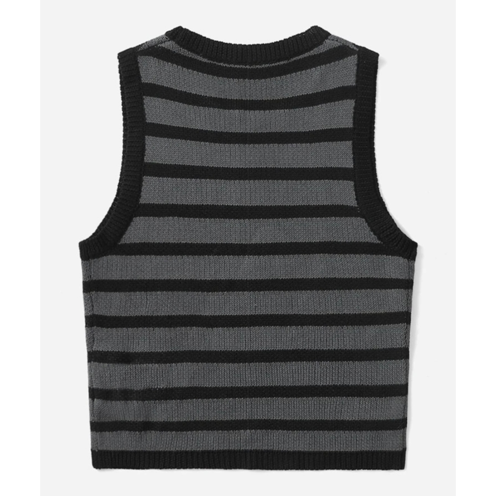 Striped Star Print Sweater Vest Gray Black Stripes Red Star Sleeveless S-L Avail - Picture 2 of 6